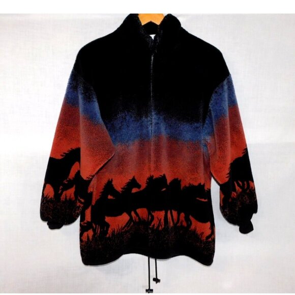 Comfy Casuals Other - VTG 90s Unisex Adult XL Full Zip Plush Fleece Jacket Sunset running Wild Horses